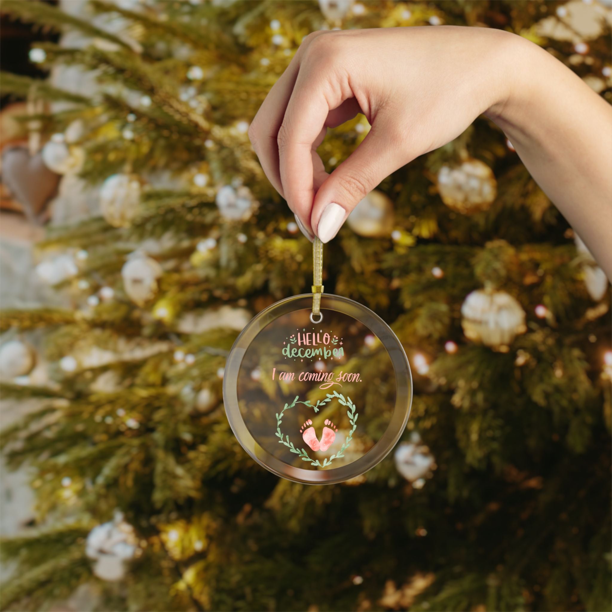 Pink Girl  "Hello December" Glass Ornament — Holiday Tree Decoration