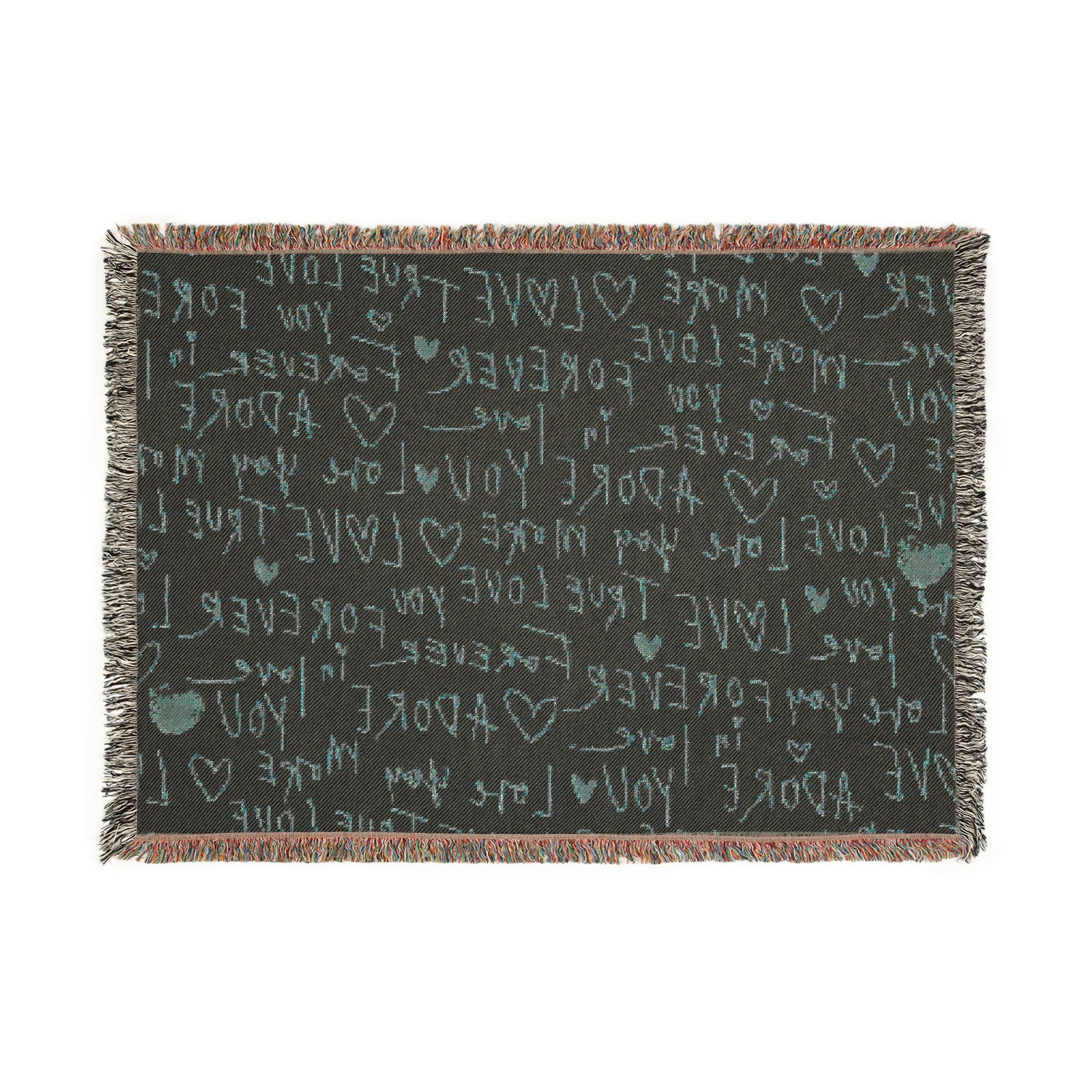 Love Script Woven Blanket — Romantic Heart Pattern Throw for Valentine’s Day & Cozy Home Décor