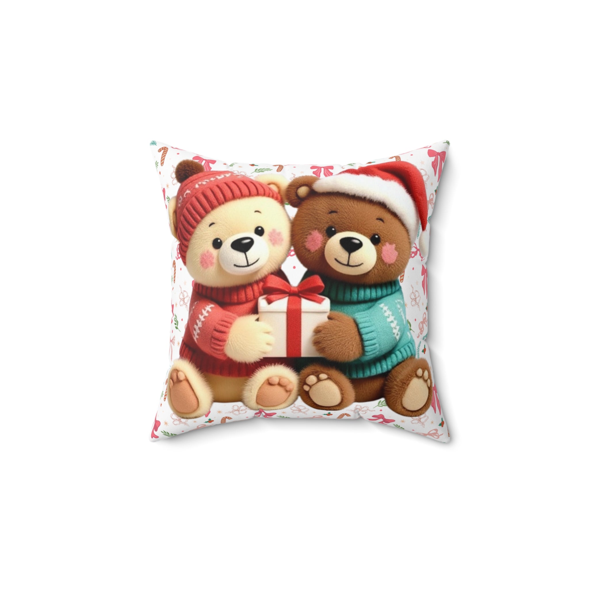 Christmas Teddy Bears Square Pillow — Cute Holiday Throw Pillow with Gift Hugging Bears