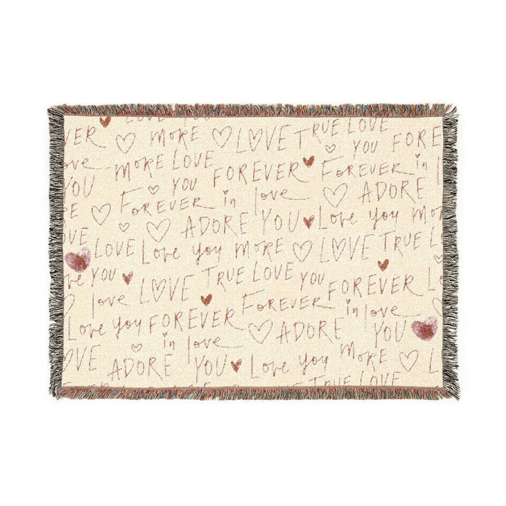 Love Script Woven Blanket — Romantic Heart Pattern Throw for Valentine’s Day & Cozy Home Décor