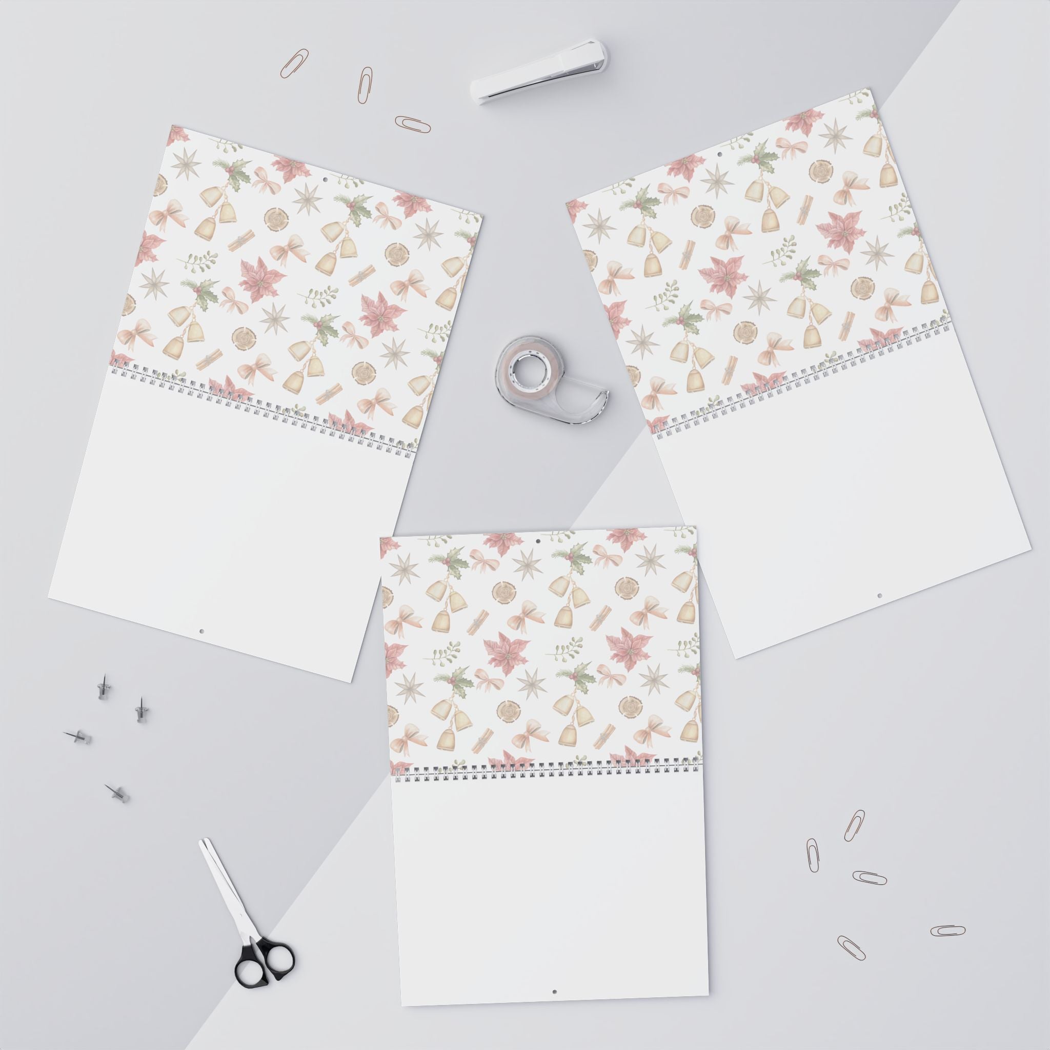 Floral Holiday Wall Calendar — Minimalist Seasonal Bells & Poinsettia Design