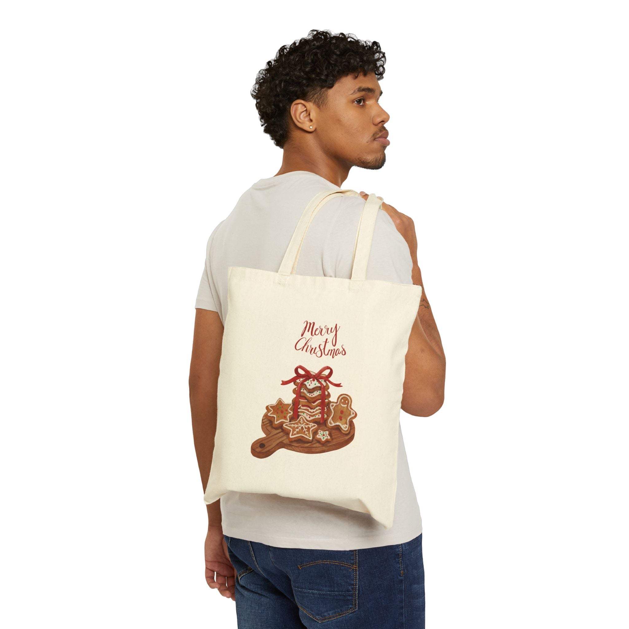 Christmas Gingerbread Tote Bag — "Merry Christmas" Canvas Holiday Grocery Tote