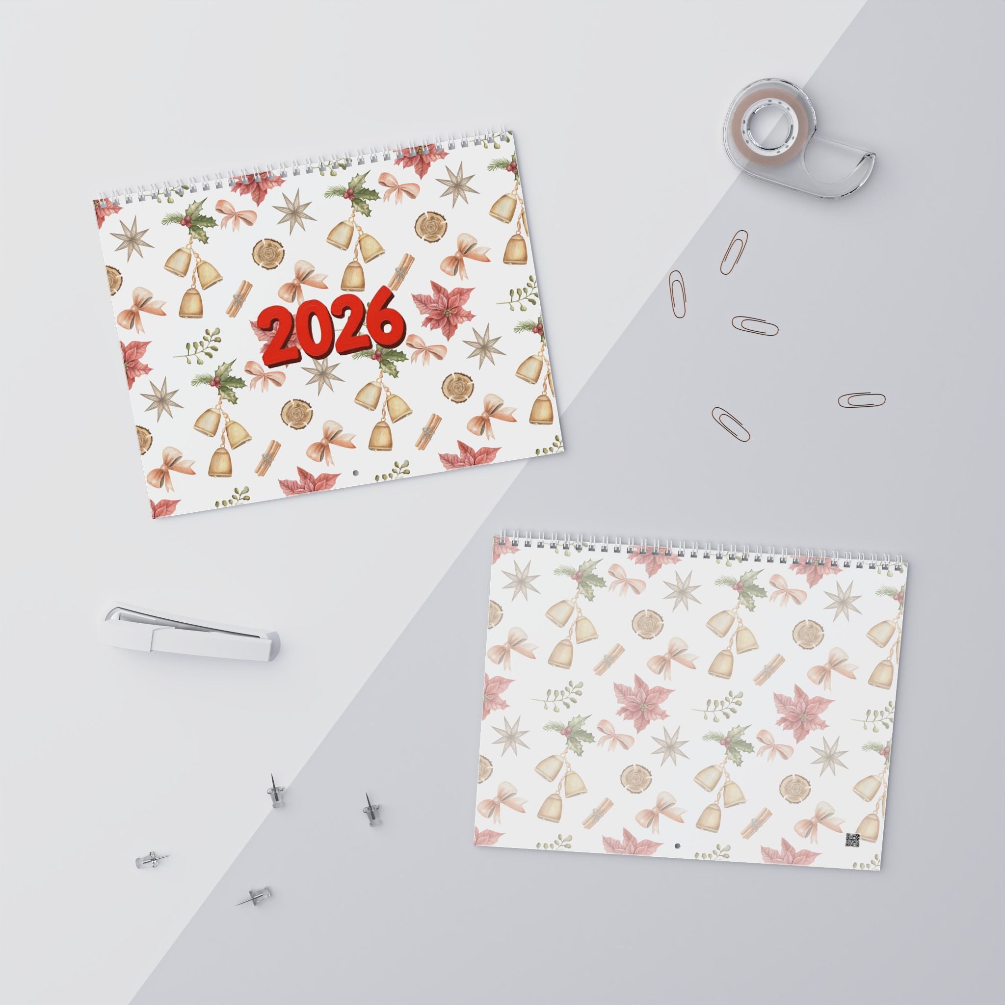 Floral Holiday Wall Calendar — Minimalist Seasonal Bells & Poinsettia Design