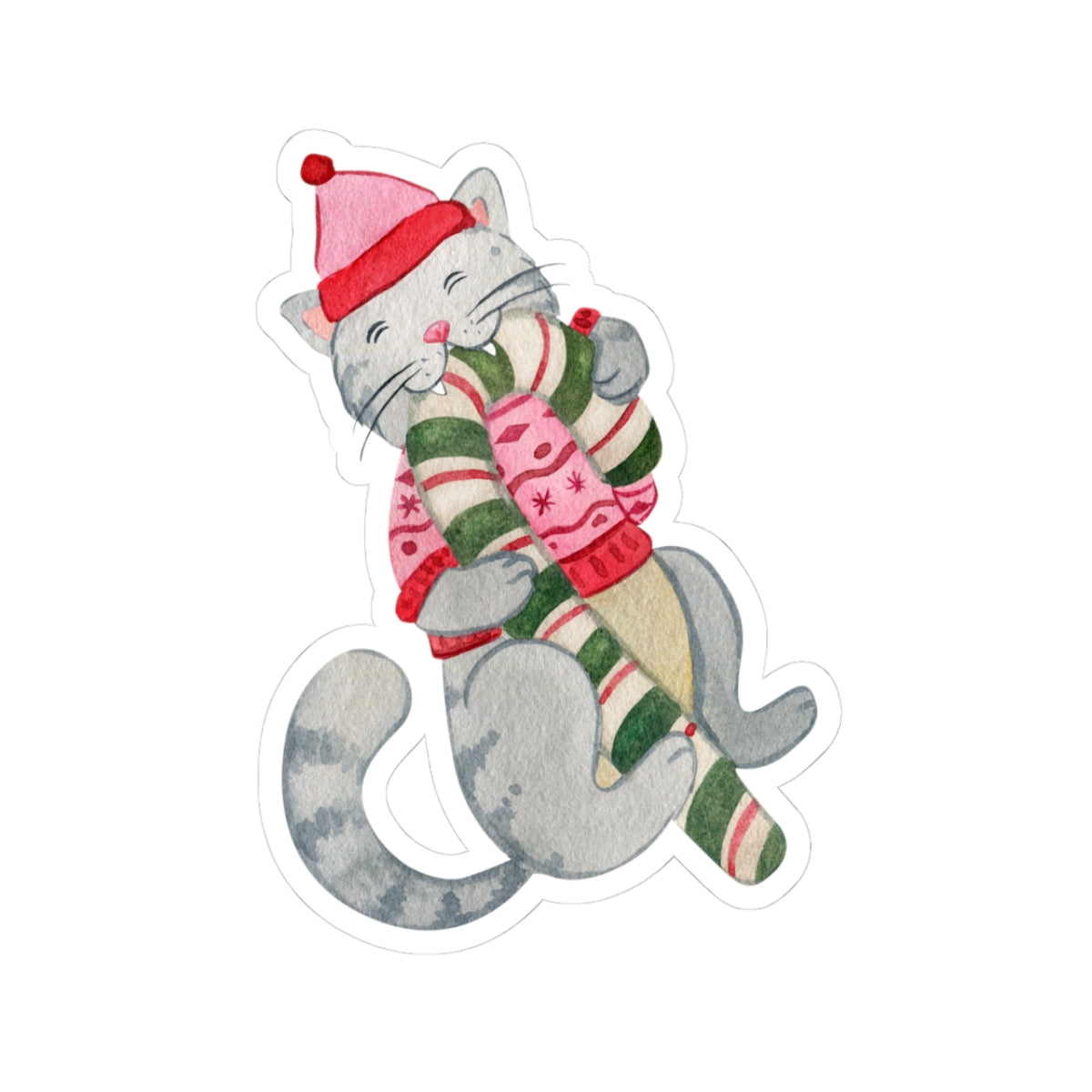 Cute Holiday Cat Sticker — Festive Kitten with Scarf & Hat Kiss-Cut Sticker