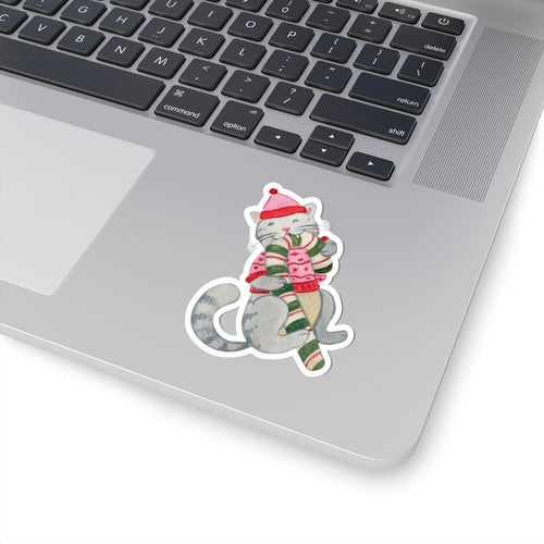 Cute Holiday Cat Sticker — Festive Kitten with Scarf & Hat Kiss-Cut Sticker
